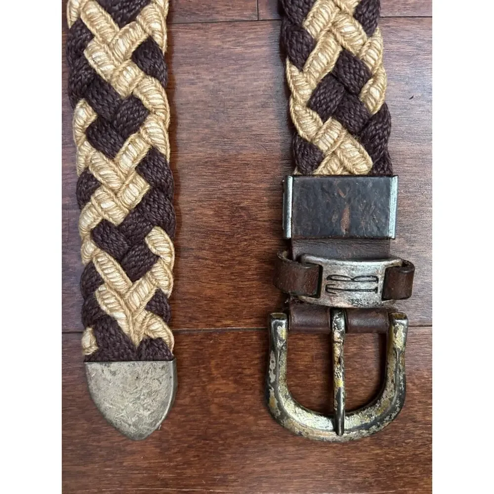 Vintage Braided Fiber and Leather Woven Belt in Brown and Tan with Metal Buckle